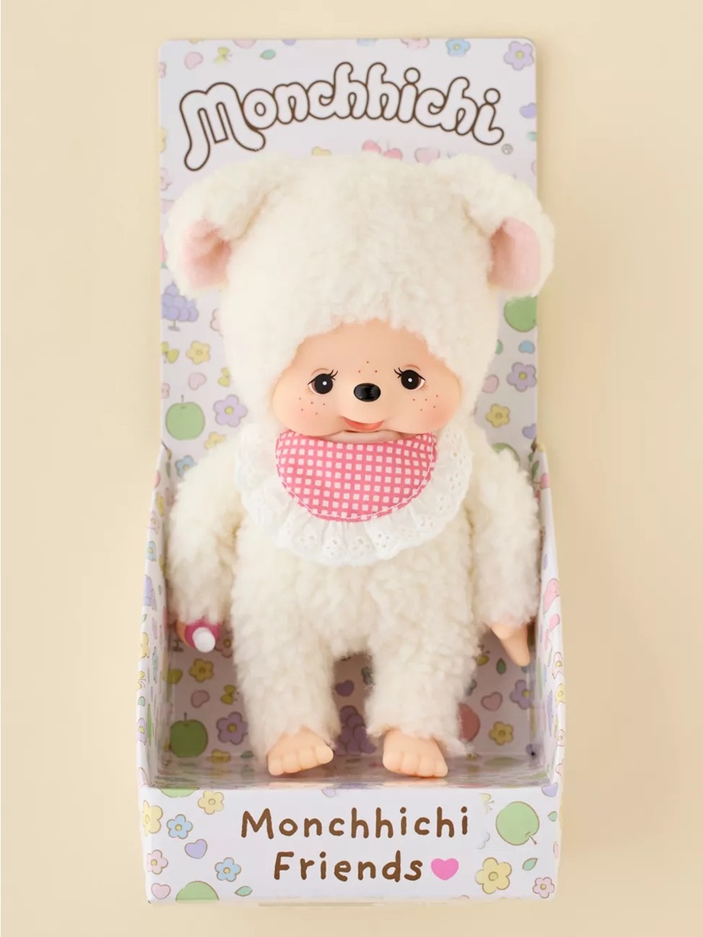 Monchhichi Plush Lamb Doll in Cream with Pink Bib